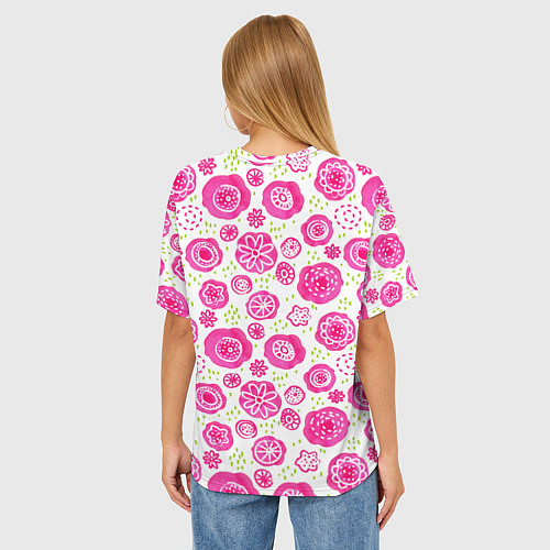 Женская футболка оверсайз Яркие розовые цветы в дудл стиле, абстракция / 3D-принт – фото 4