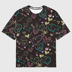 Футболка оверсайз женская Паттерн милые животные и сердечки, цвет: 3D-принт