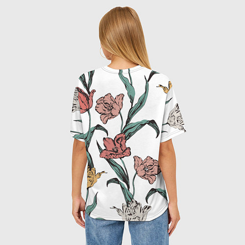 Женская футболка оверсайз Цветы Разноцветные Тюльпаны / 3D-принт – фото 4