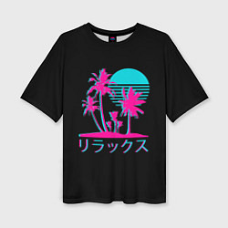 Женская футболка оверсайз Неоновые пальмы Иероглифы Neon Palm Tree