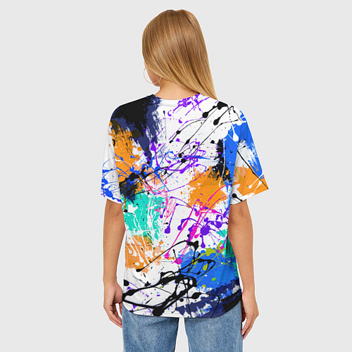 Женская футболка оверсайз Брызги и мазки разноцветных красок на белом фоне / 3D-принт – фото 4