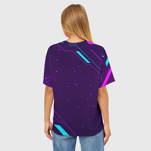 Женская футболка оверсайз Символ Among Us в неоновых цветах на темном фоне / 3D-принт – фото 4