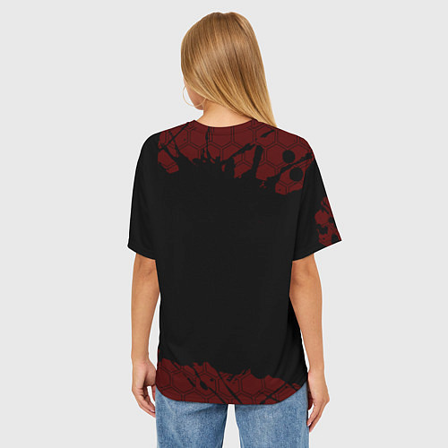 Женская футболка оверсайз Символ Among Us и краска вокруг на темном фоне / 3D-принт – фото 4