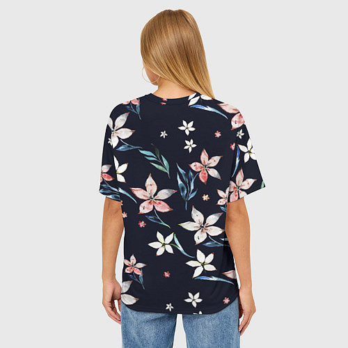 Женская футболка оверсайз Цветы Нарисованные Акварелью На Чёрном Фоне / 3D-принт – фото 4