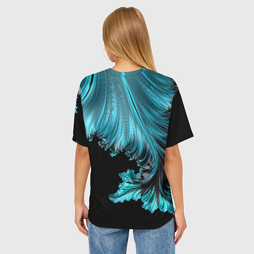 Женская футболка оверсайз Черный с голубым неоновый фрактал Ледяная абстракц / 3D-принт – фото 4