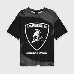 Женская футболка оверсайз Lamborghini Speed на темном фоне со следами шин