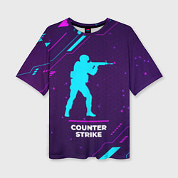 Женская футболка оверсайз Символ Counter Strike в неоновых цветах на темном
