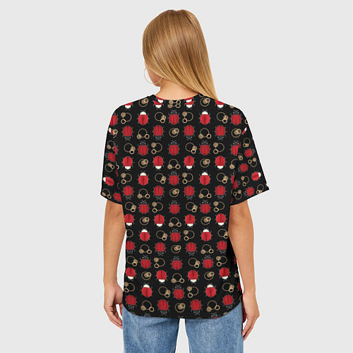 Женская футболка оверсайз Красные Божьи коровки на черном фоне ladybug / 3D-принт – фото 4