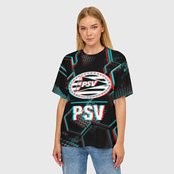 Футболка оверсайз женская PSV FC в стиле Glitch на темном фоне, цвет: 3D-принт — фото 2