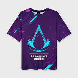 Женская футболка оверсайз Символ Assassins Creed в неоновых цветах на темном