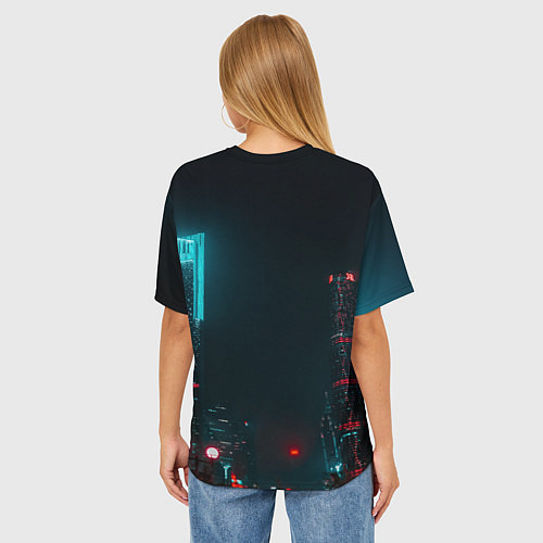 Женская футболка оверсайз Неоновые высотки в городе - Светло-синий / 3D-принт – фото 4