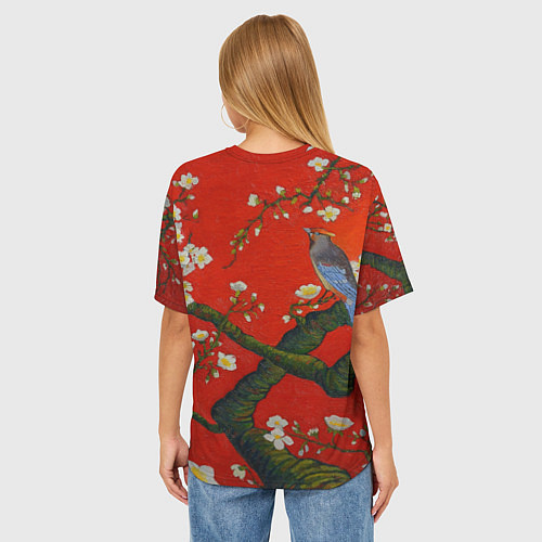 Женская футболка оверсайз Птица на ветвях сакуры / 3D-принт – фото 4