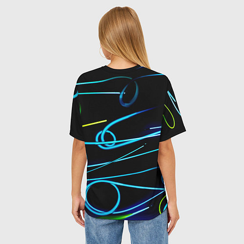 Женская футболка оверсайз Неоновые линии во тьме - Голубой / 3D-принт – фото 4