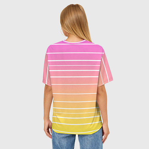 Женская футболка оверсайз Белые полосы на розовом и желтом градиенте / 3D-принт – фото 4