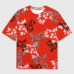 Футболка оверсайз женская Черные и серые ветки на красном фоне в японском ст, цвет: 3D-принт