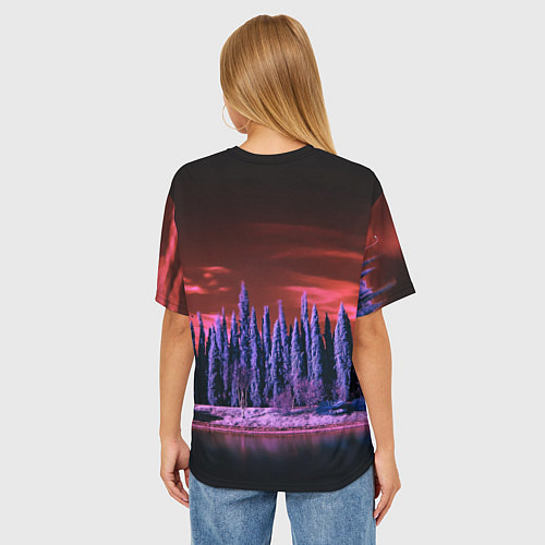 Женская футболка оверсайз Абстрактный фиолетовый лес и тёмная река / 3D-принт – фото 4