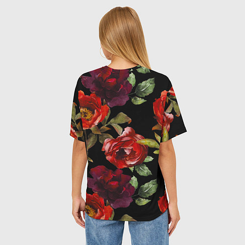 Женская футболка оверсайз Цветы Нарисованные Розы На Чёрном Фоне / 3D-принт – фото 4