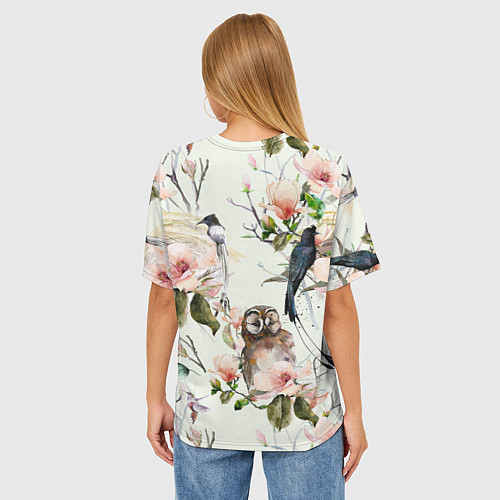 Женская футболка оверсайз Цветы Нарисованные Магнолии и Птицы / 3D-принт – фото 4