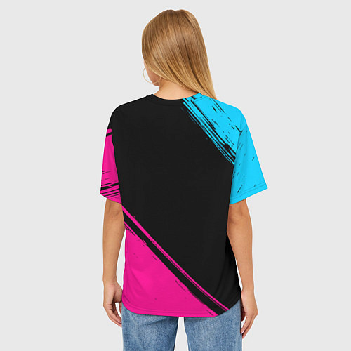 Женская футболка оверсайз Inter - neon gradient: символ и надпись вертикальн / 3D-принт – фото 4