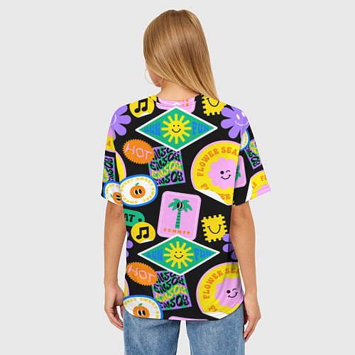 Женская футболка оверсайз Летние наклейки pop-art паттерн / 3D-принт – фото 4