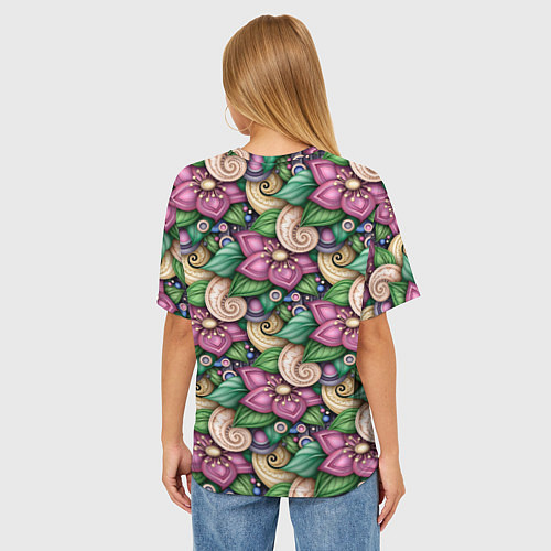 Женская футболка оверсайз Объемные цветы и листья / 3D-принт – фото 4
