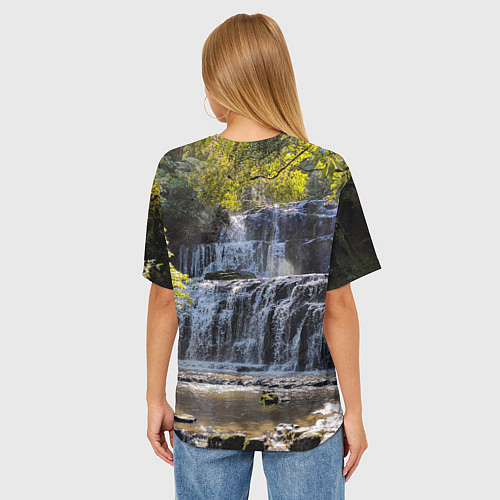 Женская футболка оверсайз Водопад, солнечные лучи и лес / 3D-принт – фото 4