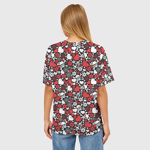 Женская футболка оверсайз Череп, сердца и цветы / 3D-принт – фото 4