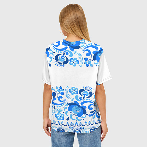 Женская футболка оверсайз РОССИЯ голубой узор / 3D-принт – фото 4