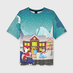 Женская футболка оверсайз В Новогоднюю ночь Дед Мороз едет на скутере с пода