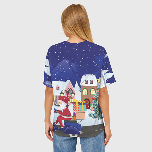 Женская футболка оверсайз Дед Мороз едет на скутере с подарками в Новогоднюю / 3D-принт – фото 4