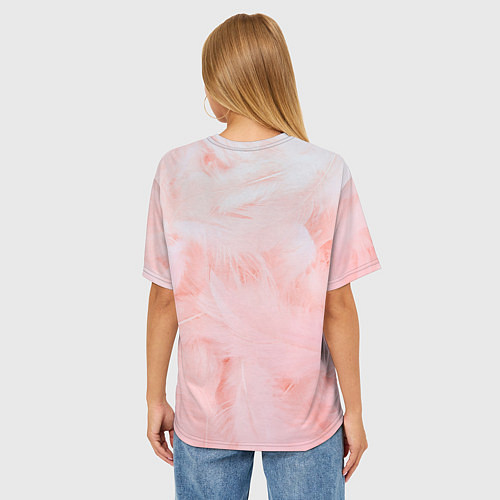Женская футболка оверсайз Aesthetic visual art pink feathers / 3D-принт – фото 4
