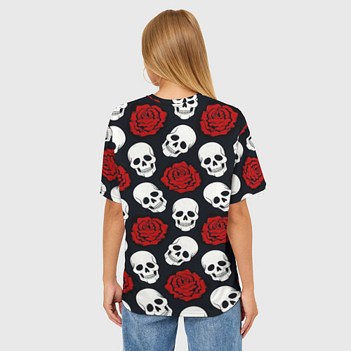 Женская футболка оверсайз Весёлые черепки и розы / 3D-принт – фото 4