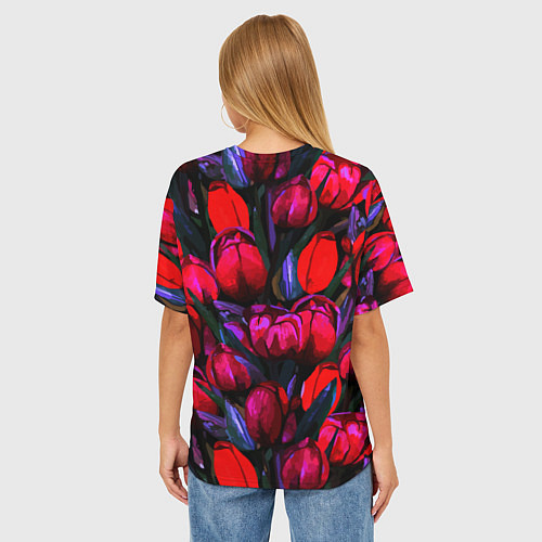 Женская футболка оверсайз Тюльпаны - поле красных цветов / 3D-принт – фото 4
