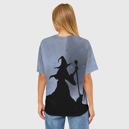 Женская футболка оверсайз Halloween - силуэт ведьмы с котом / 3D-принт – фото 4