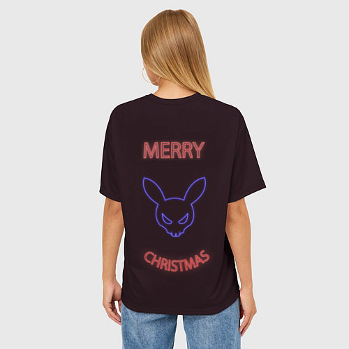 Женская футболка оверсайз Neon christmas bunny / 3D-принт – фото 4