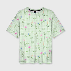 Женская футболка оверсайз Акварельные растения на зеленой клетке
