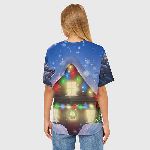Женская футболка оверсайз Праздничный новогодний дом с гирляндами / 3D-принт – фото 4