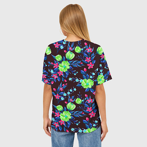 Женская футболка оверсайз Неоновые цветы - паттерн / 3D-принт – фото 4
