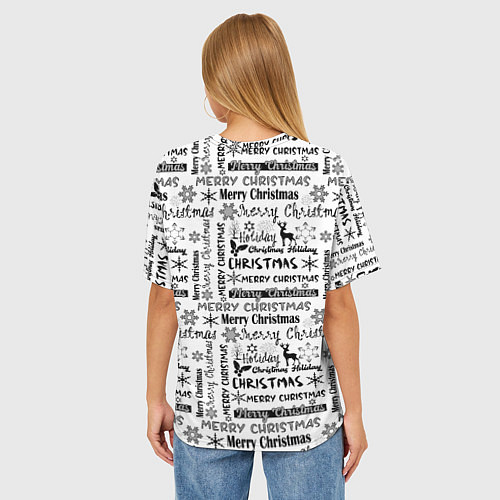 Женская футболка оверсайз Черно белый рождественский текстовый узор / 3D-принт – фото 4