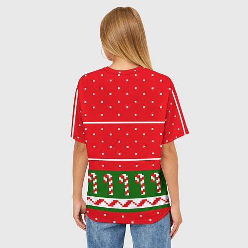 Женская футболка оверсайз Красный новогодний свитер - кролик / 3D-принт – фото 4