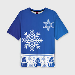 Женская футболка оверсайз Снеговики в снежинках синие