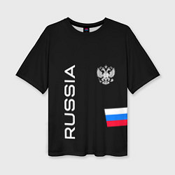 Женская футболка оверсайз Россия и три линии на черном фоне