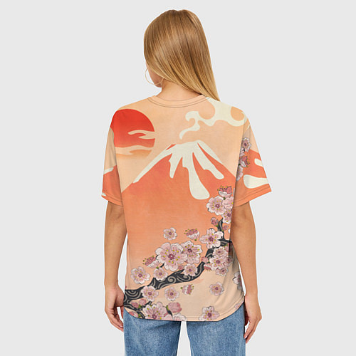 Женская футболка оверсайз Ветка цветущей сакуры и вулкан / 3D-принт – фото 4