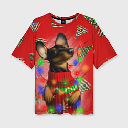 Женская футболка оверсайз Новогодняя такса на красном фоне с ёлками