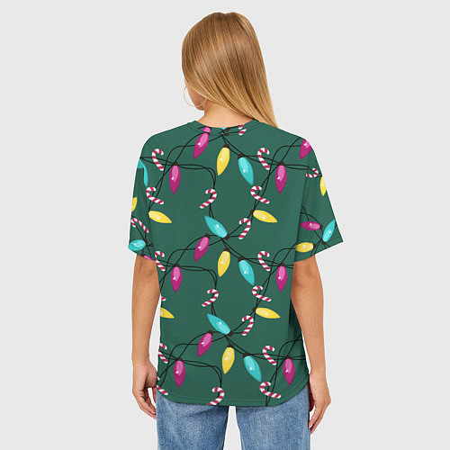 Женская футболка оверсайз Новогодняя гирлянда зеленая / 3D-принт – фото 4