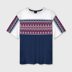 Футболка оверсайз женская Скандинавский орнамент на синем, бордовом фоне, цвет: 3D-принт