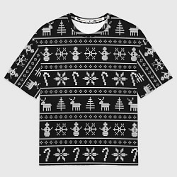 Футболка оверсайз женская Узор с ёлками снежинками и оленями, цвет: 3D-принт