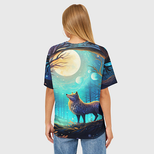Женская футболка оверсайз Волк в ночном лесу в folk art стиле / 3D-принт – фото 4
