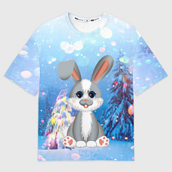 Футболка оверсайз женская Серый зайка на фоне елки, цвет: 3D-принт