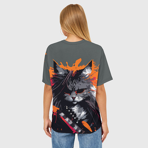 Женская футболка оверсайз Rocker Cat on a gray background - C-Cats collectio / 3D-принт – фото 4